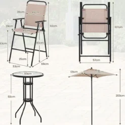 4 tlg. Outdoor Bar-Set Runder Bartisch mit 2 Klappbaren Barhockern & Sonnenschirm Beige