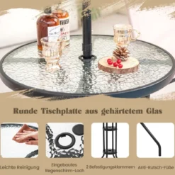 4 tlg. Outdoor Bar-Set Runder Bartisch mit 2 Klappbaren Barhockern & Sonnenschirm Beige