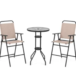 3 tlg. Outdoor-Bistro-Set Terrassen-Bartisch mit 2 Klappbaren Stühlen & Sonnenschirmloch Beige