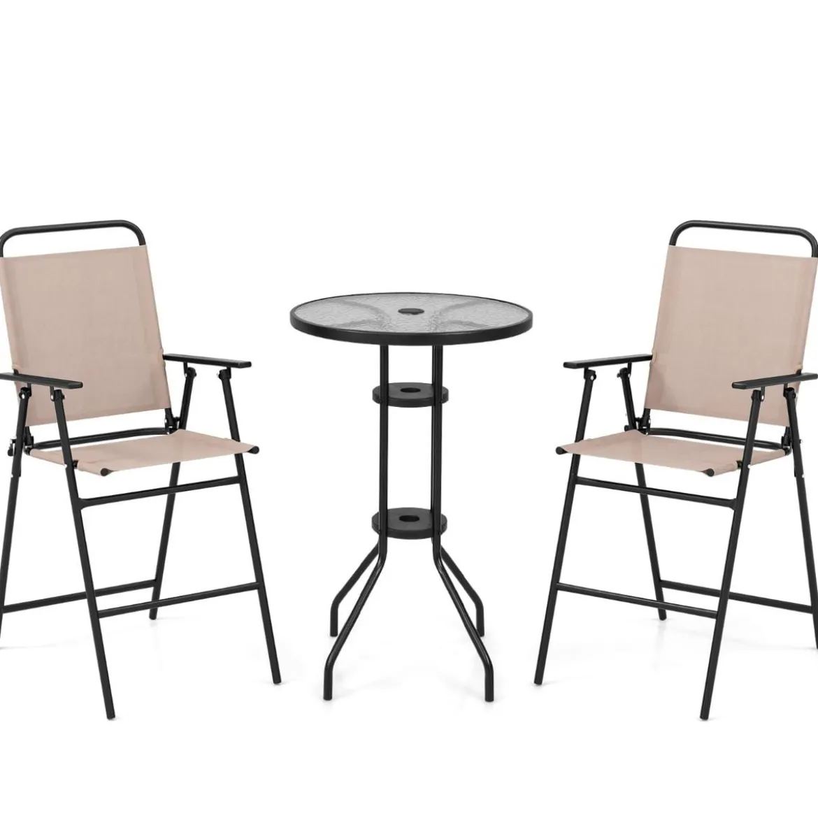 3 tlg. Outdoor-Bistro-Set Terrassen-Bartisch mit 2 Klappbaren Stühlen & Sonnenschirmloch Beige