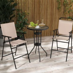3 tlg. Outdoor-Bistro-Set Terrassen-Bartisch mit 2 Klappbaren Stühlen & Sonnenschirmloch Beige