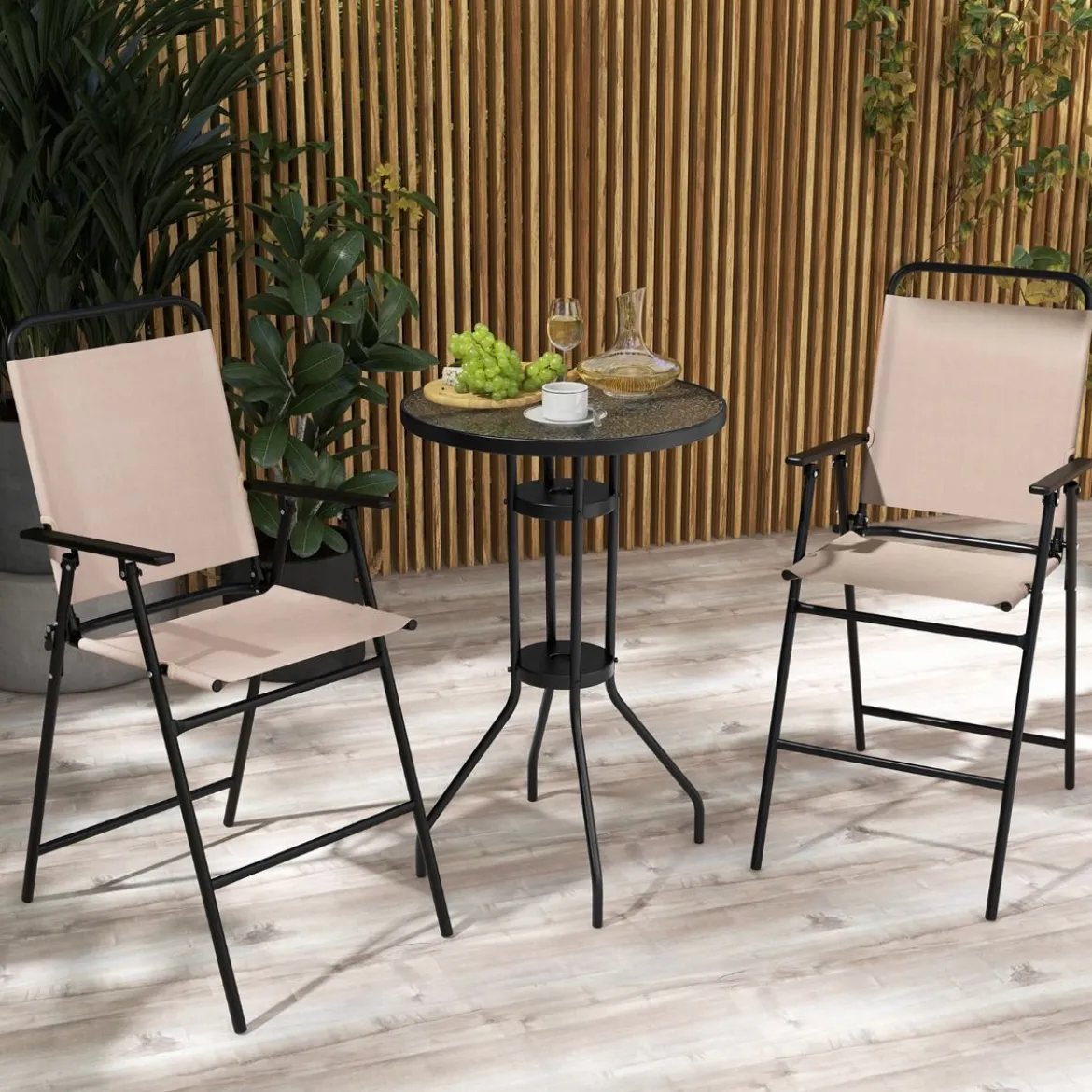 3 tlg. Outdoor-Bistro-Set Terrassen-Bartisch mit 2 Klappbaren Stühlen & Sonnenschirmloch Beige