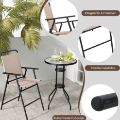 3 tlg. Outdoor-Bistro-Set Terrassen-Bartisch mit 2 Klappbaren Stühlen & Sonnenschirmloch Beige