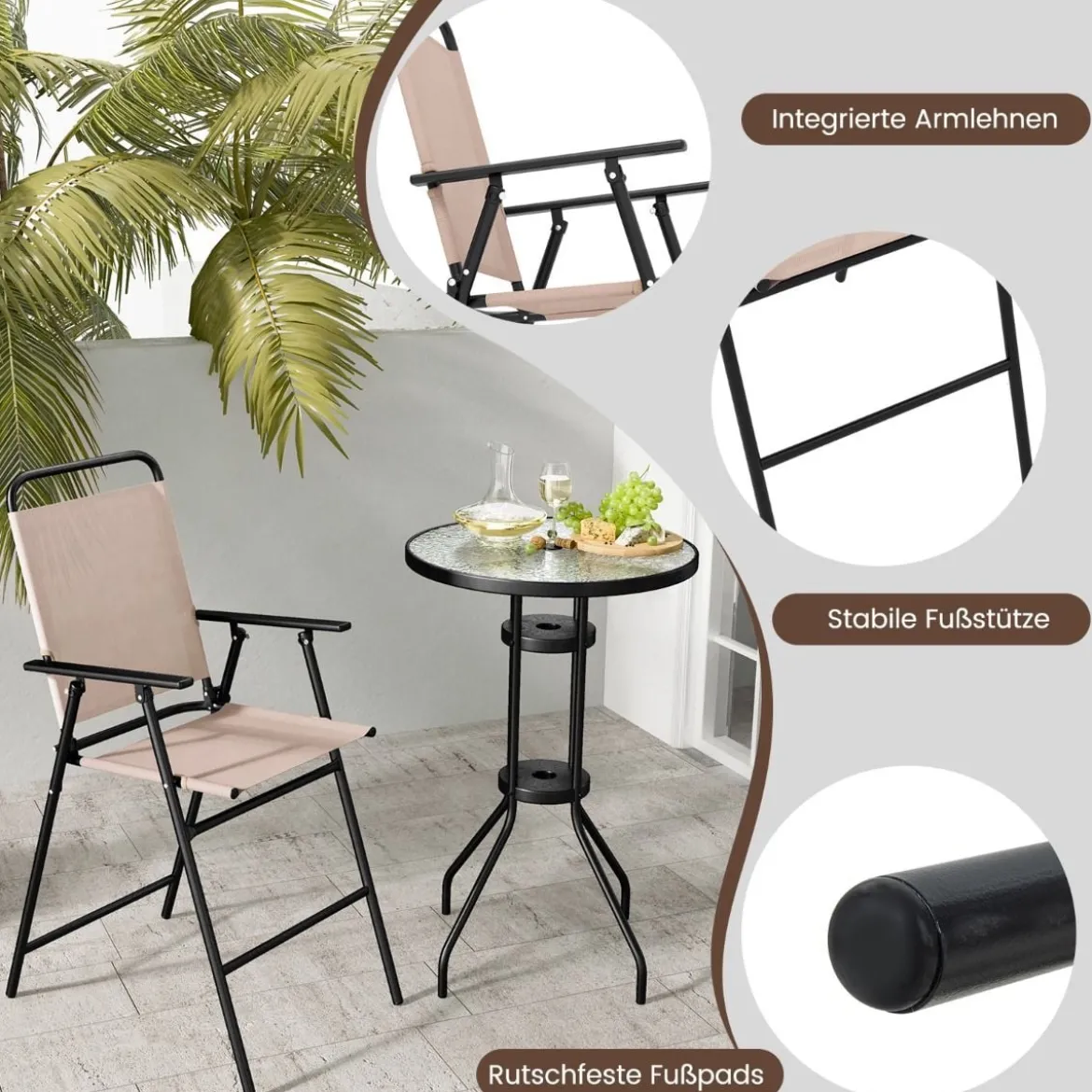 3 tlg. Outdoor-Bistro-Set Terrassen-Bartisch mit 2 Klappbaren Stühlen & Sonnenschirmloch Beige