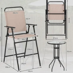 3 tlg. Outdoor-Bistro-Set Terrassen-Bartisch mit 2 Klappbaren Stühlen & Sonnenschirmloch Beige