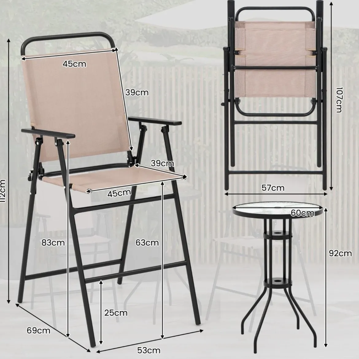 3 tlg. Outdoor-Bistro-Set Terrassen-Bartisch mit 2 Klappbaren Stühlen & Sonnenschirmloch Beige