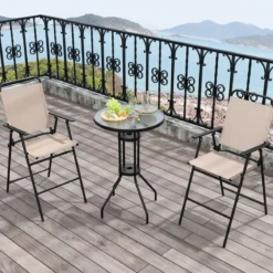 3 tlg. Outdoor-Bistro-Set Terrassen-Bartisch mit 2 Klappbaren Stühlen & Sonnenschirmloch Beige