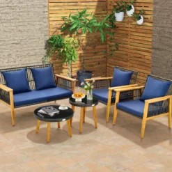 5-tlg. Outdoor Rattan Gesprächsset mit 2 Couchtischen & Gemütliche Sitz- & Rückenkissen