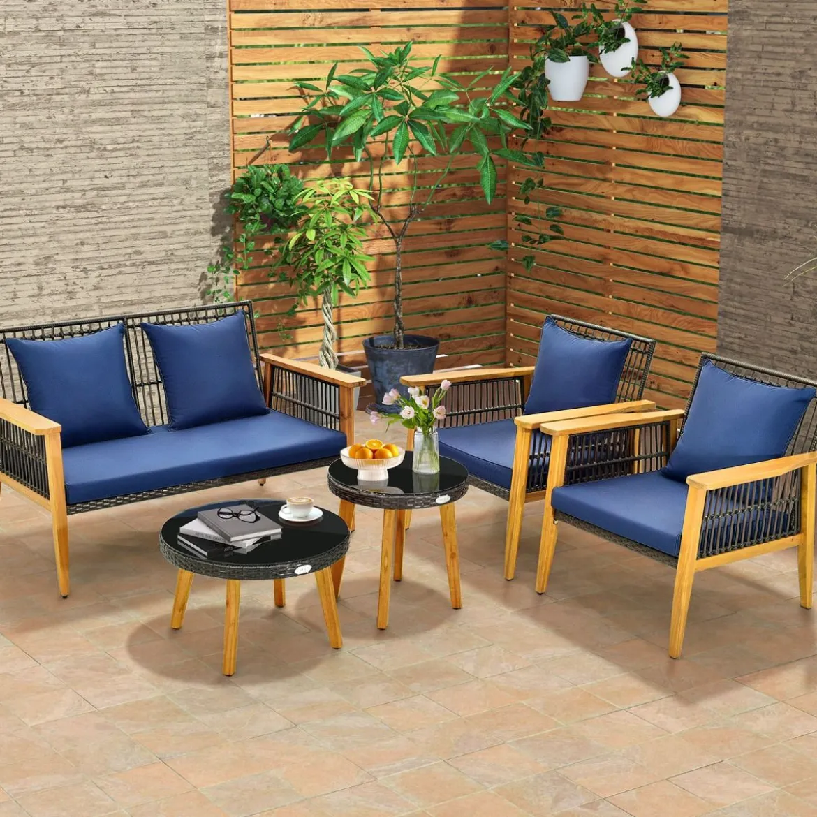 5-tlg. Outdoor Rattan Gesprächsset mit 2 Couchtischen & Gemütliche Sitz- & Rückenkissen