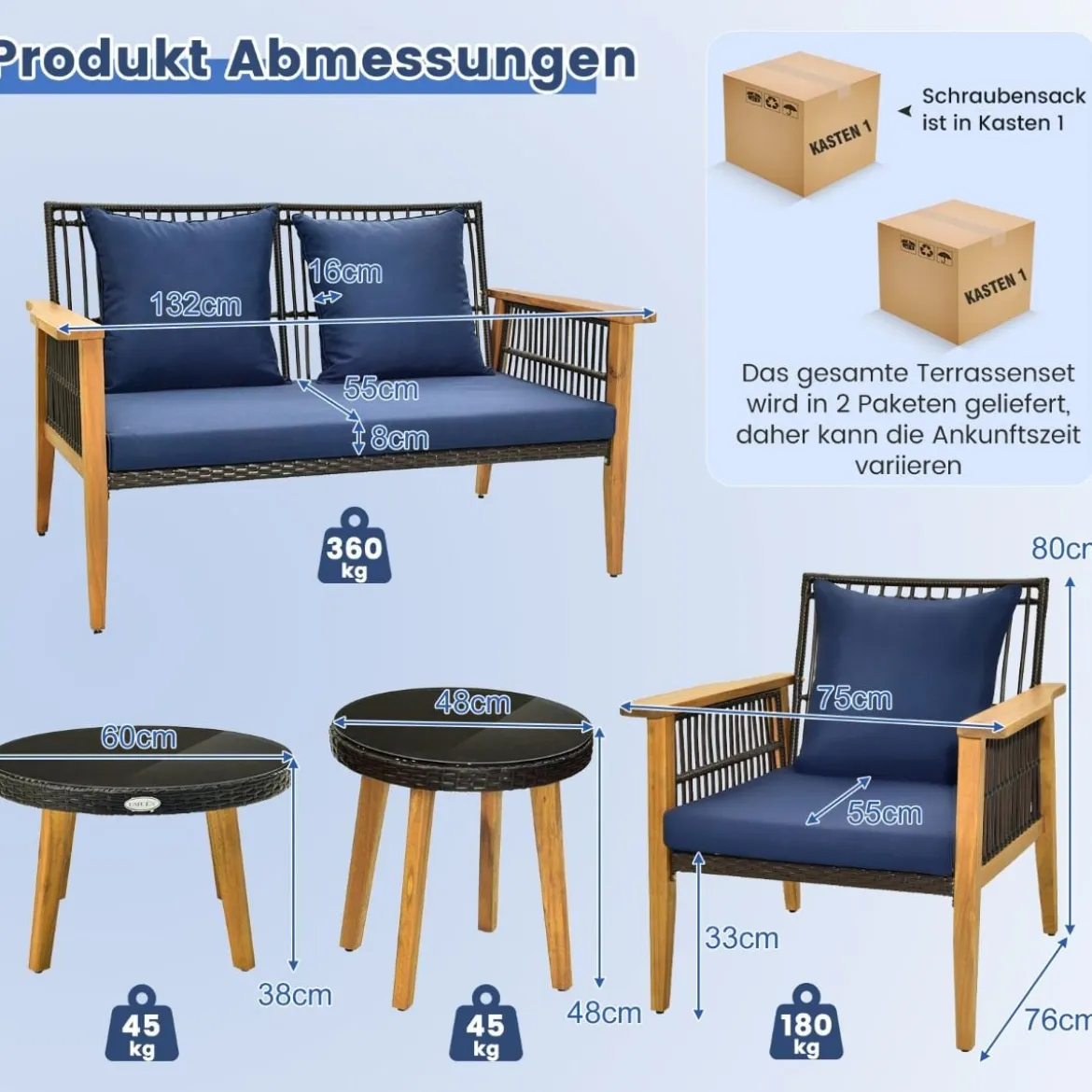 5-tlg. Outdoor Rattan Gesprächsset mit 2 Couchtischen & Gemütliche Sitz- & Rückenkissen