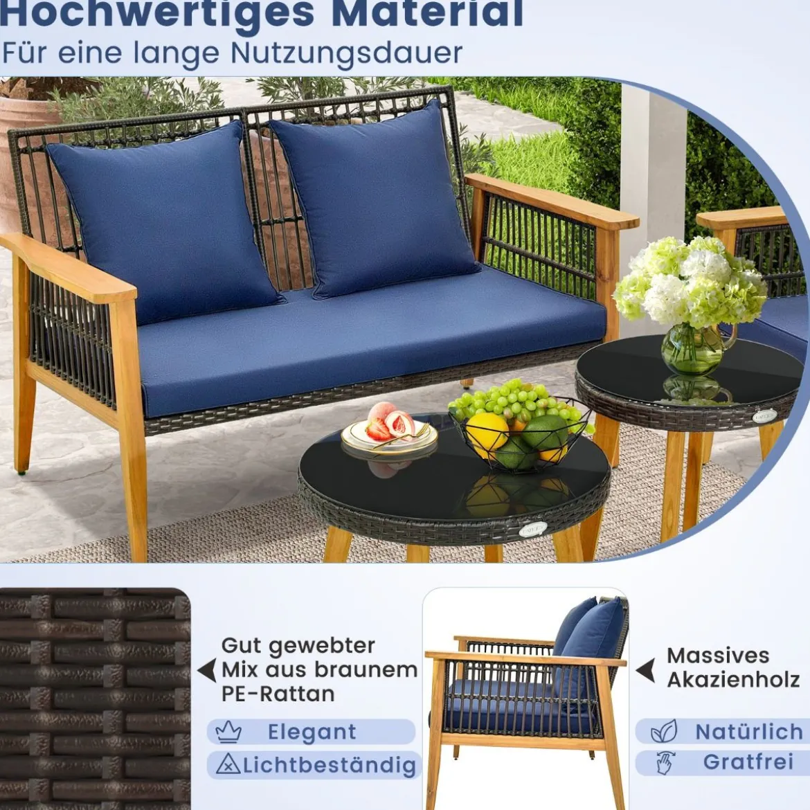 5-tlg. Outdoor Rattan Gesprächsset mit 2 Couchtischen & Gemütliche Sitz- & Rückenkissen