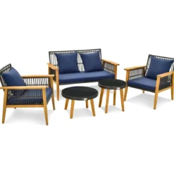 5-tlg. Outdoor Rattan Gesprächsset mit 2 Couchtischen & Gemütliche Sitz- & Rückenkissen