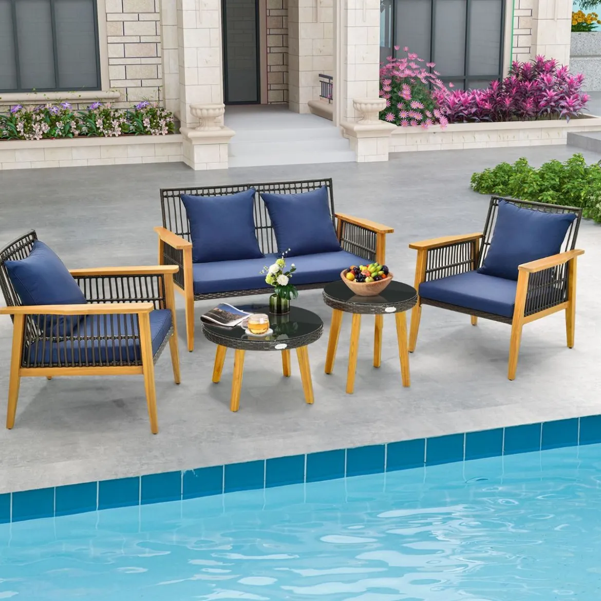 5-tlg. Outdoor Rattan Gesprächsset mit 2 Couchtischen & Gemütliche Sitz- & Rückenkissen