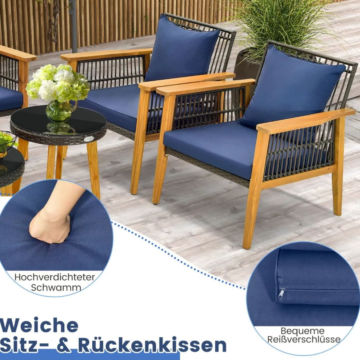5-tlg. Outdoor Rattan Gesprächsset mit 2 Couchtischen & Gemütliche Sitz- & Rückenkissen
