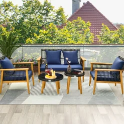 5-tlg. Outdoor Rattan Gesprächsset mit 2 Couchtischen & Gemütliche Sitz- & Rückenkissen