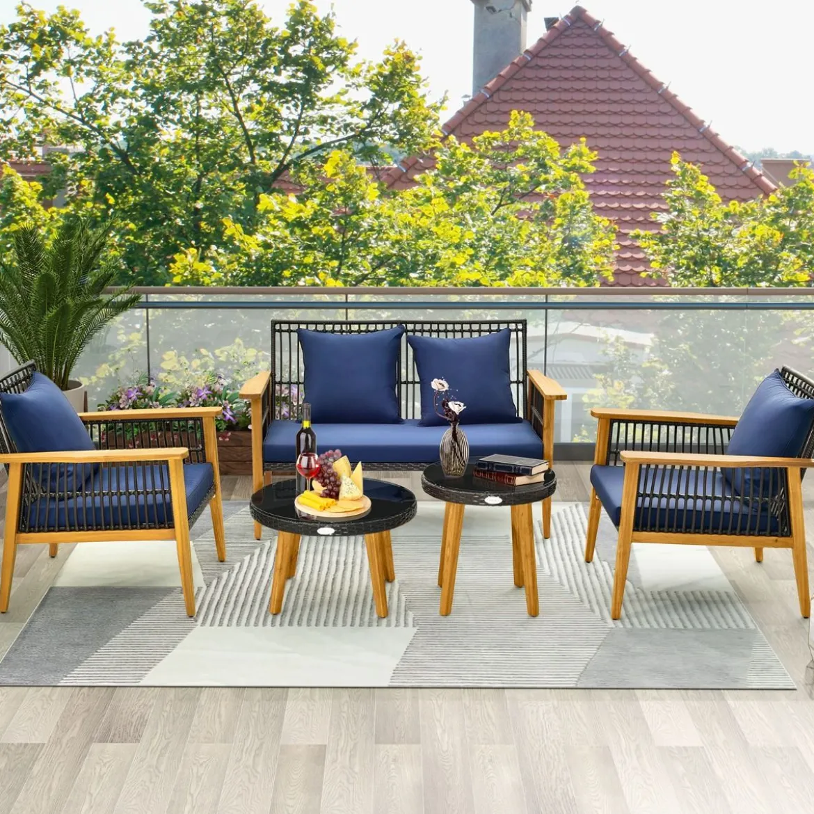 5-tlg. Outdoor Rattan Gesprächsset mit 2 Couchtischen & Gemütliche Sitz- & Rückenkissen