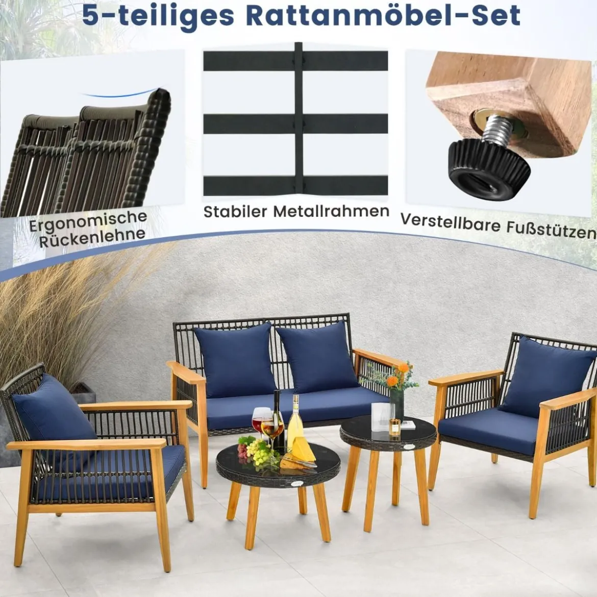 5-tlg. Outdoor Rattan Gesprächsset mit 2 Couchtischen & Gemütliche Sitz- & Rückenkissen