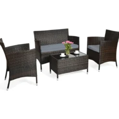 4 TLG. Outdoor Terrassenmöbel Set aus PE Rattan mit Gehärtetem Glastisch & Kissen Grau