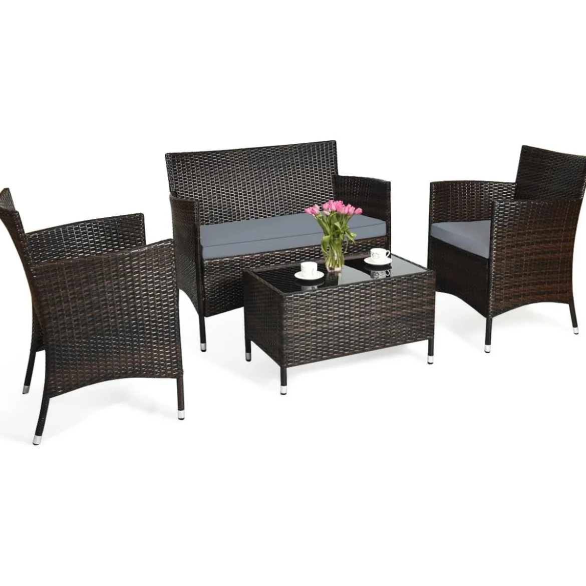 4 TLG. Outdoor Terrassenmöbel Set aus PE Rattan mit Gehärtetem Glastisch & Kissen Grau