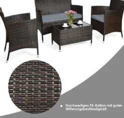 4 TLG. Outdoor Terrassenmöbel Set aus PE Rattan mit Gehärtetem Glastisch & Kissen Grau