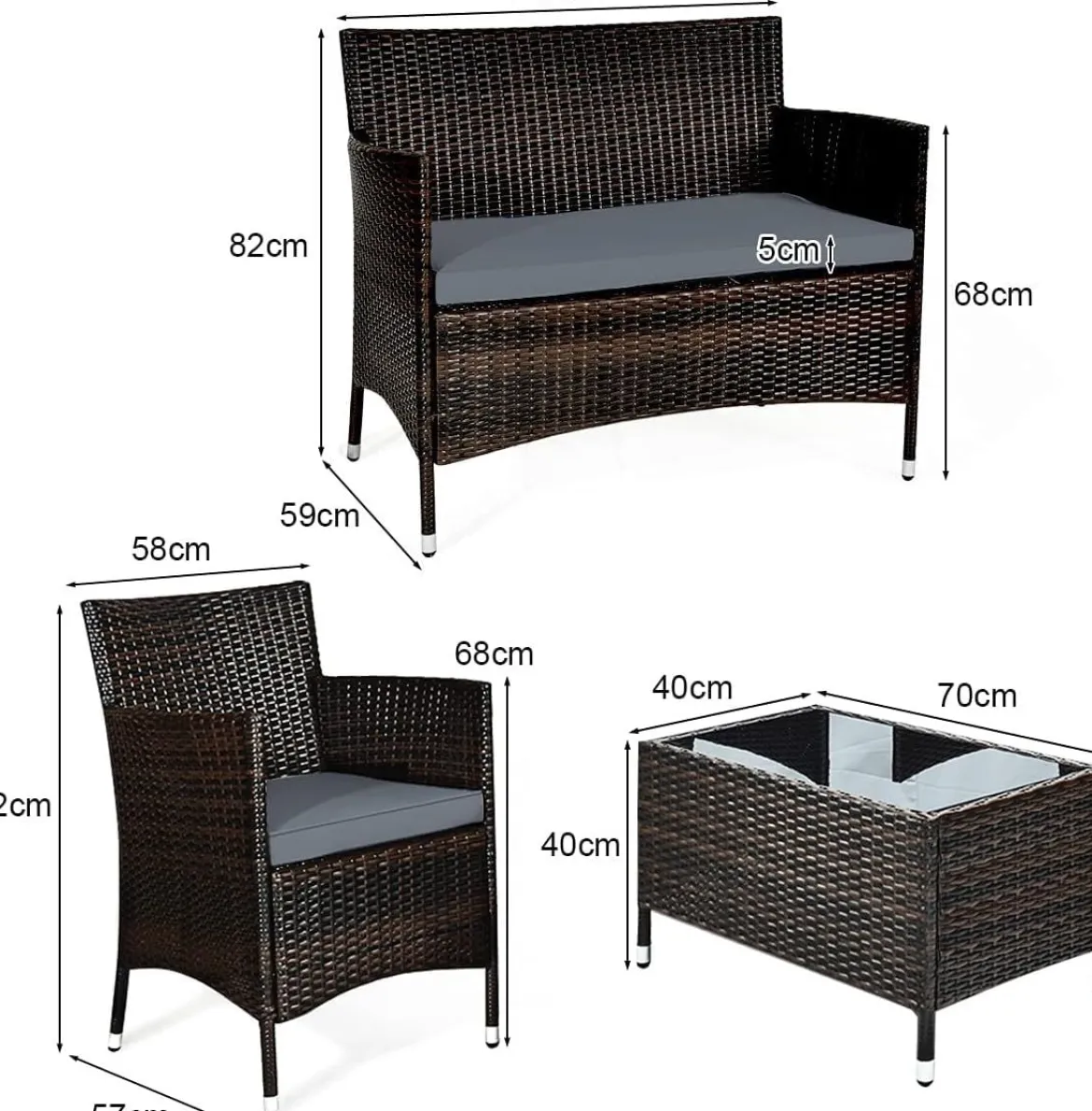 4 TLG. Outdoor Terrassenmöbel Set aus PE Rattan mit Gehärtetem Glastisch & Kissen Grau
