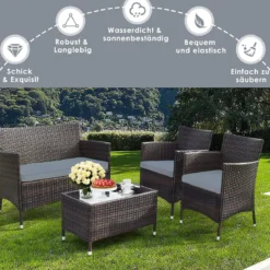 4 TLG. Outdoor Terrassenmöbel Set aus PE Rattan mit Gehärtetem Glastisch & Kissen Grau