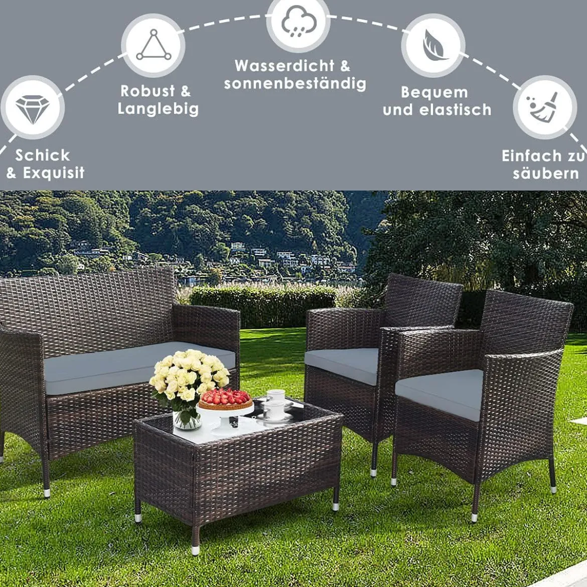 4 TLG. Outdoor Terrassenmöbel Set aus PE Rattan mit Gehärtetem Glastisch & Kissen Grau