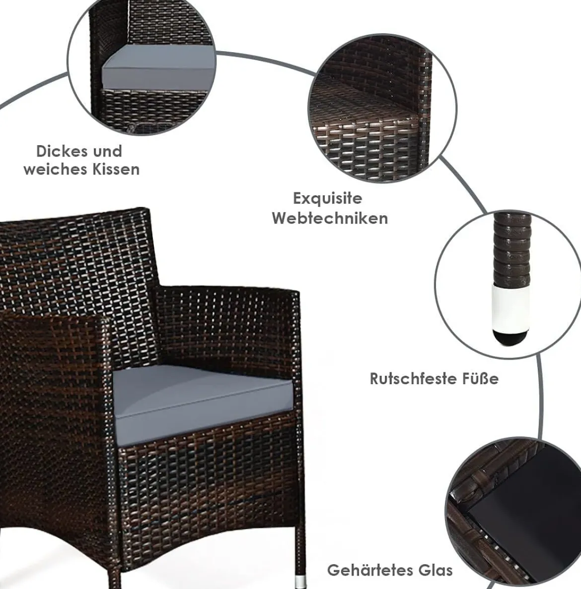 4 TLG. Outdoor Terrassenmöbel Set aus PE Rattan mit Gehärtetem Glastisch & Kissen Grau