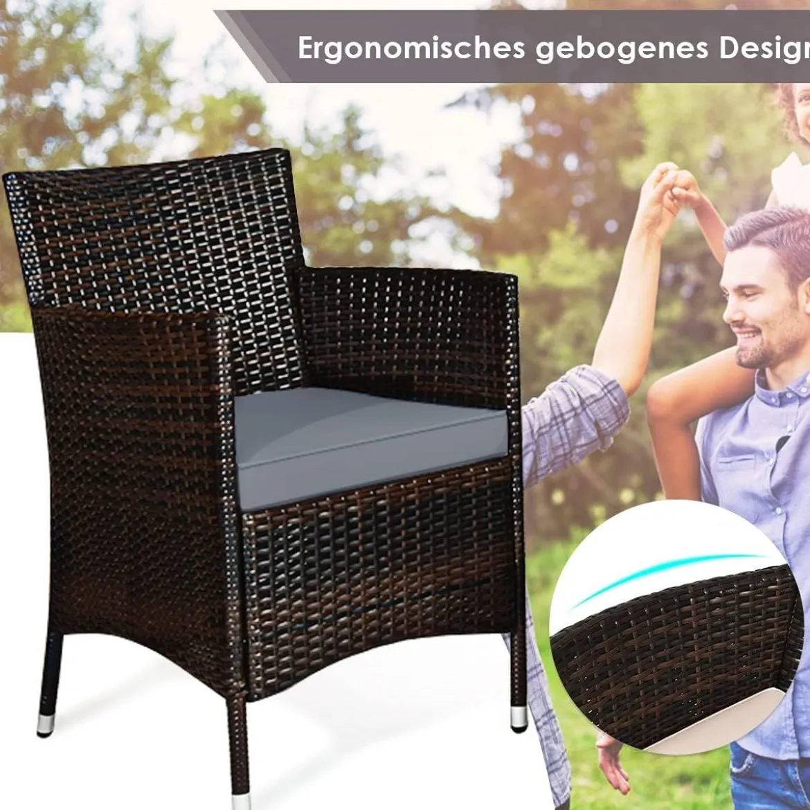 4 TLG. Outdoor Terrassenmöbel Set aus PE Rattan mit Gehärtetem Glastisch & Kissen Grau