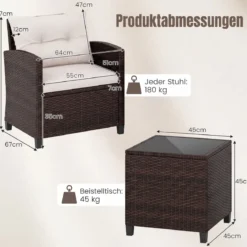 3-TLG. Rattan Gartenmöbel Set inkl. 2 Sessel & 1 Beistelltisch Polyrattan Sitzgruppe Gartengarnitur