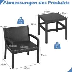 3tlg. Rattan Gartenmöbel Set Wetterfestes Balkonmöbel Balkonset inkl. 2 Stühle mit Tisch Schwarz