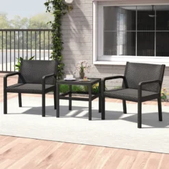 3tlg. Rattan Gartenmöbel Set Wetterfestes Balkonmöbel Balkonset inkl. 2 Stühle mit Tisch Schwarz