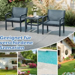 3tlg. Rattan Gartenmöbel Set Wetterfestes Balkonmöbel Balkonset inkl. 2 Stühle mit Tisch Grau