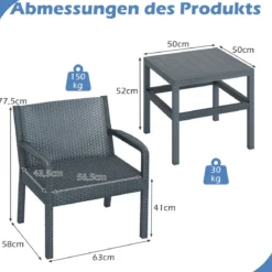 3tlg. Rattan Gartenmöbel Set Wetterfestes Balkonmöbel Balkonset inkl. 2 Stühle mit Tisch Grau
