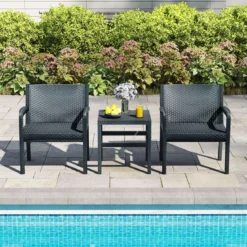 3tlg. Rattan Gartenmöbel Set Wetterfestes Balkonmöbel Balkonset inkl. 2 Stühle mit Tisch Grau