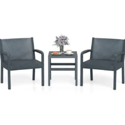 3tlg. Rattan Gartenmöbel Set Wetterfestes Balkonmöbel Balkonset inkl. 2 Stühle mit Tisch Grau