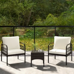 3tlg. Rattansessel Set mit Glas Beistelltisch & Kissen Gesprächsset Gartenmöbel Set Terrassenstühle