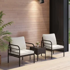 3tlg. Rattansessel Set mit Glas Beistelltisch & Kissen Gesprächsset Gartenmöbel Set Terrassenstühle