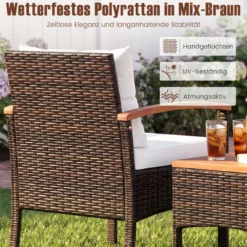 3tlg. Rattan Sitzgruppe Set mit 2 Sessel & 1 Beistelltisch Sitzgarnitur mit Akazienholzplatte & Sitzkissen Beige