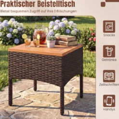 3tlg. Rattan Sitzgruppe Set mit 2 Sessel & 1 Beistelltisch Sitzgarnitur mit Akazienholzplatte & Sitzkissen Beige