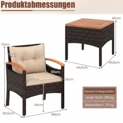 3tlg. Rattan Sitzgruppe Set mit 2 Sessel & 1 Beistelltisch Sitzgarnitur mit Akazienholzplatte & Sitzkissen Braun