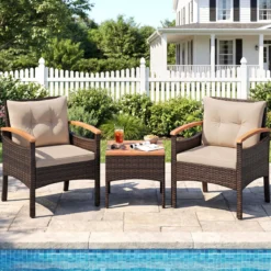 3tlg. Rattan Sitzgruppe Set mit 2 Sessel & 1 Beistelltisch Sitzgarnitur mit Akazienholzplatte & Sitzkissen Braun