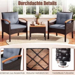 3tlg. Rattan Sitzgruppe Set mit 2 Sessel & 1 Beistelltisch Sitzgarnitur mit Akazienholzplatte & Sitzkissen Grau