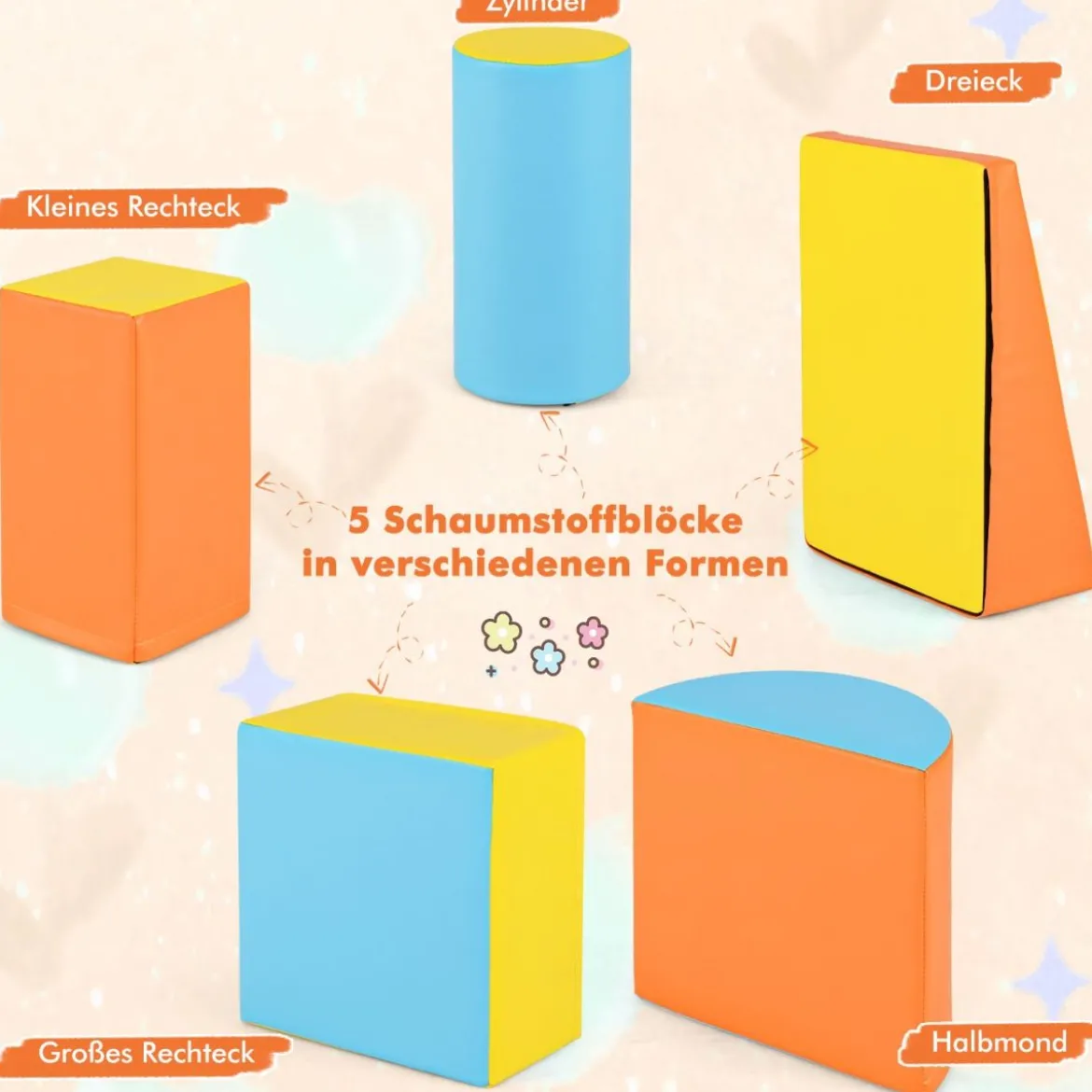 5 TLG. Schaumstoffbausteine Riesenbausteine zum Toben & Klettern Großbausteine Orange + Gelb