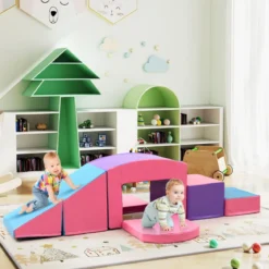 6 TLG. Schaumstoffbausteine Softbausteine mit Tunne Treppe & Rampe Bunt/Blau+Lila mit Klettverschlüsse