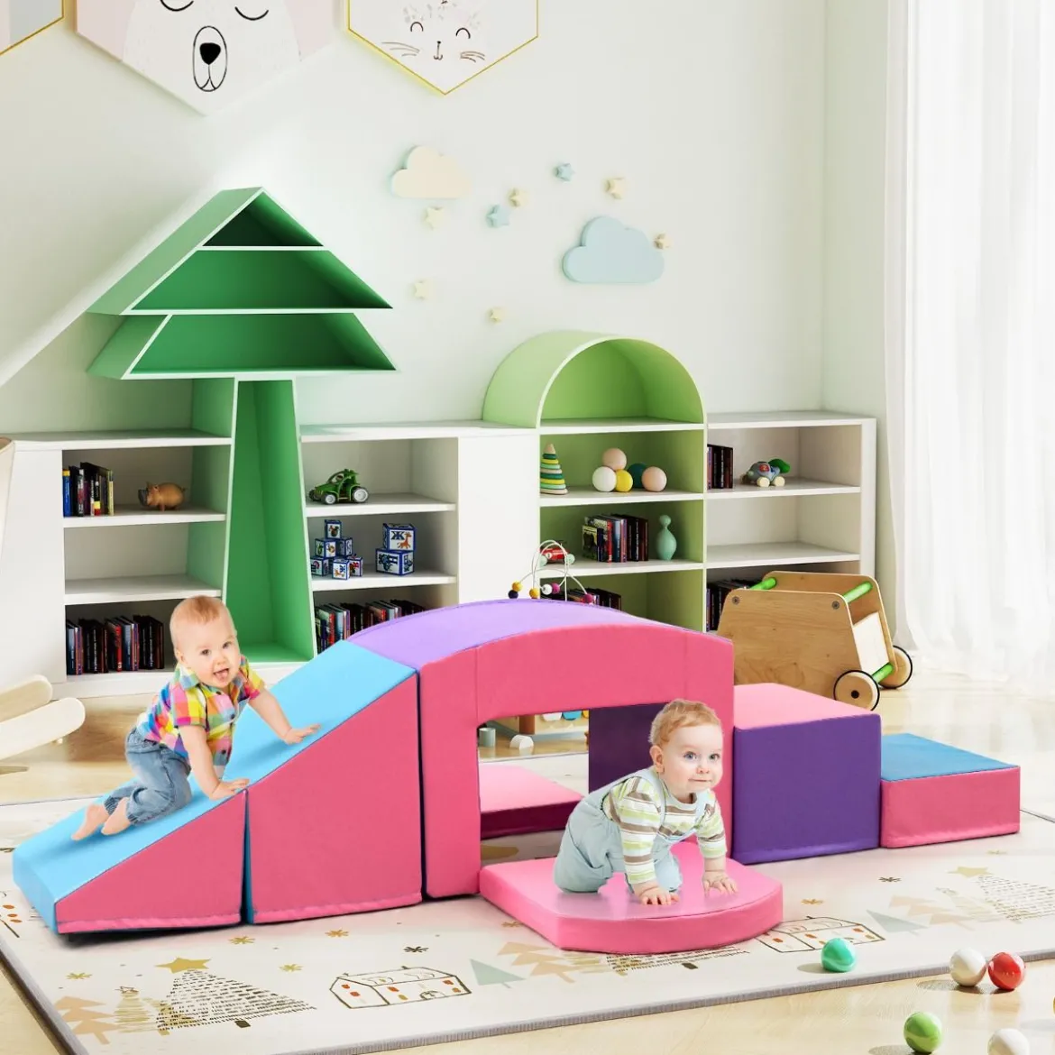 6 TLG. Schaumstoffbausteine Softbausteine mit Tunne Treppe & Rampe Bunt/Blau+Lila mit Klettverschlüsse