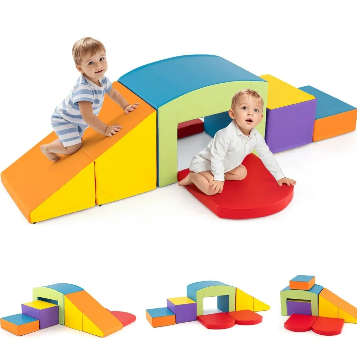 6 TLG. Schaumstoffbausteine Softbausteine mit Tunne Treppe & Rampe Bunt/Blau+Lila mit Klettverschlüsse