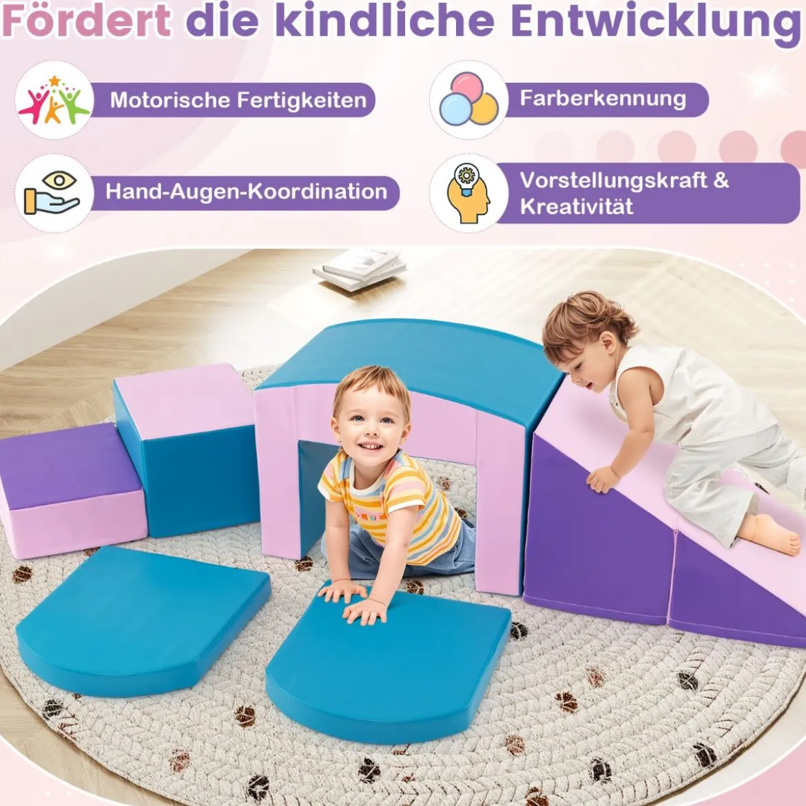 6 TLG. Schaumstoffbausteine Softbausteine mit Tunne Treppe & Rampe Bunt/Blau+Lila mit Klettverschlüsse