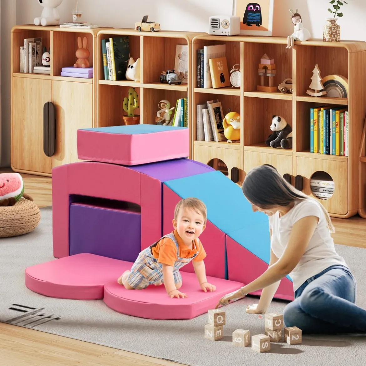 6 TLG. Schaumstoffbausteine Softbausteine mit Tunne Treppe & Rampe Bunt/Blau+Lila mit Klettverschlüsse