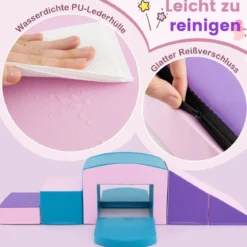 6 TLG. Schaumstoffbausteine Softbausteine mit Tunne Treppe & Rampe Bunt/Blau+Lila mit Klettverschlüsse